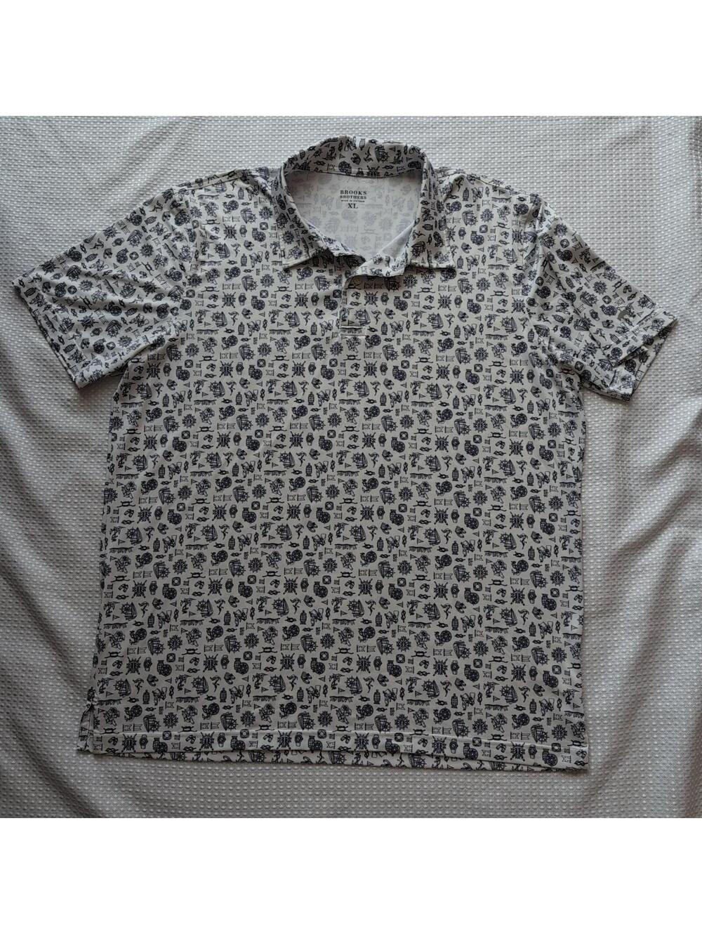 Brooks Brothers Polo Men's XL Nautical Print Performance Stretch White Navy